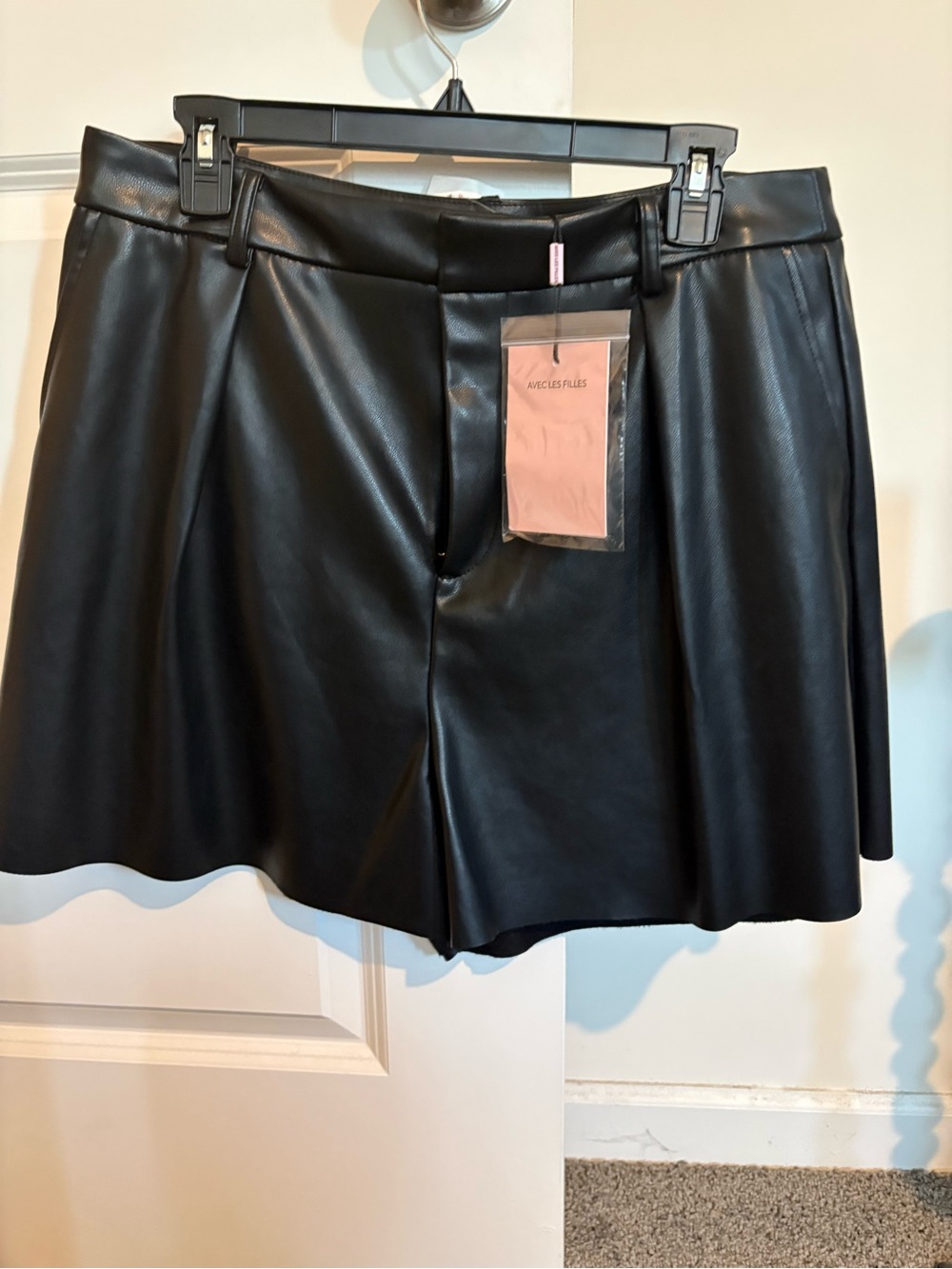Avec Les Filles Black Faux Leather Pleated Shorts
